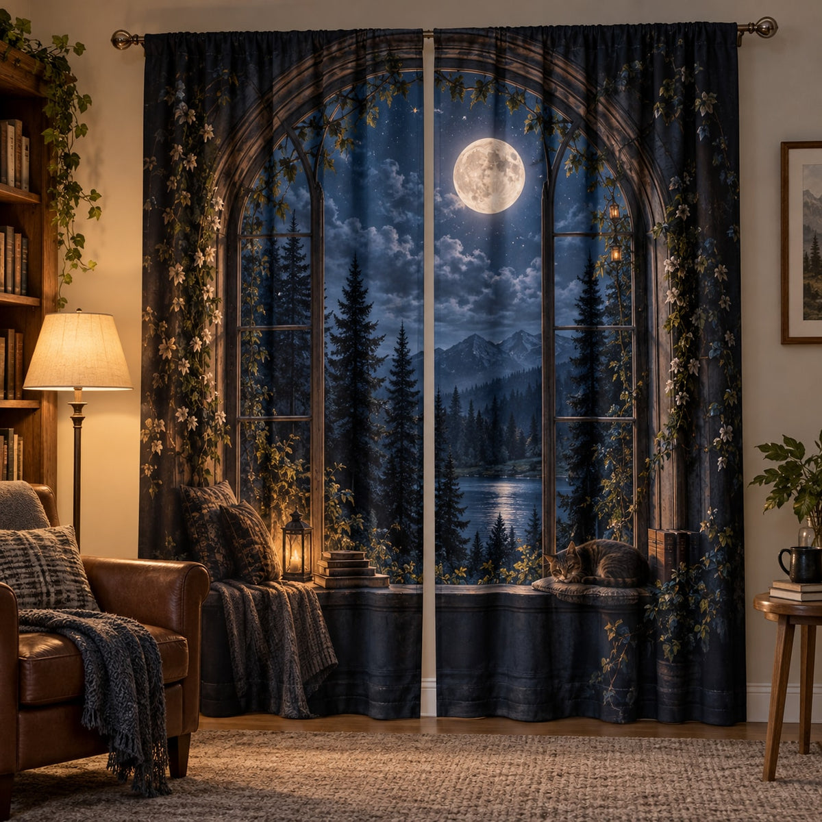 Moonlit Reading Window Curtain Pair with dimensional printed themed artwork; representative AI-generated mockup.