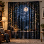 Moonlit Reading Window Curtain Pair with dimensional printed themed artwork; representative AI-generated mockup.