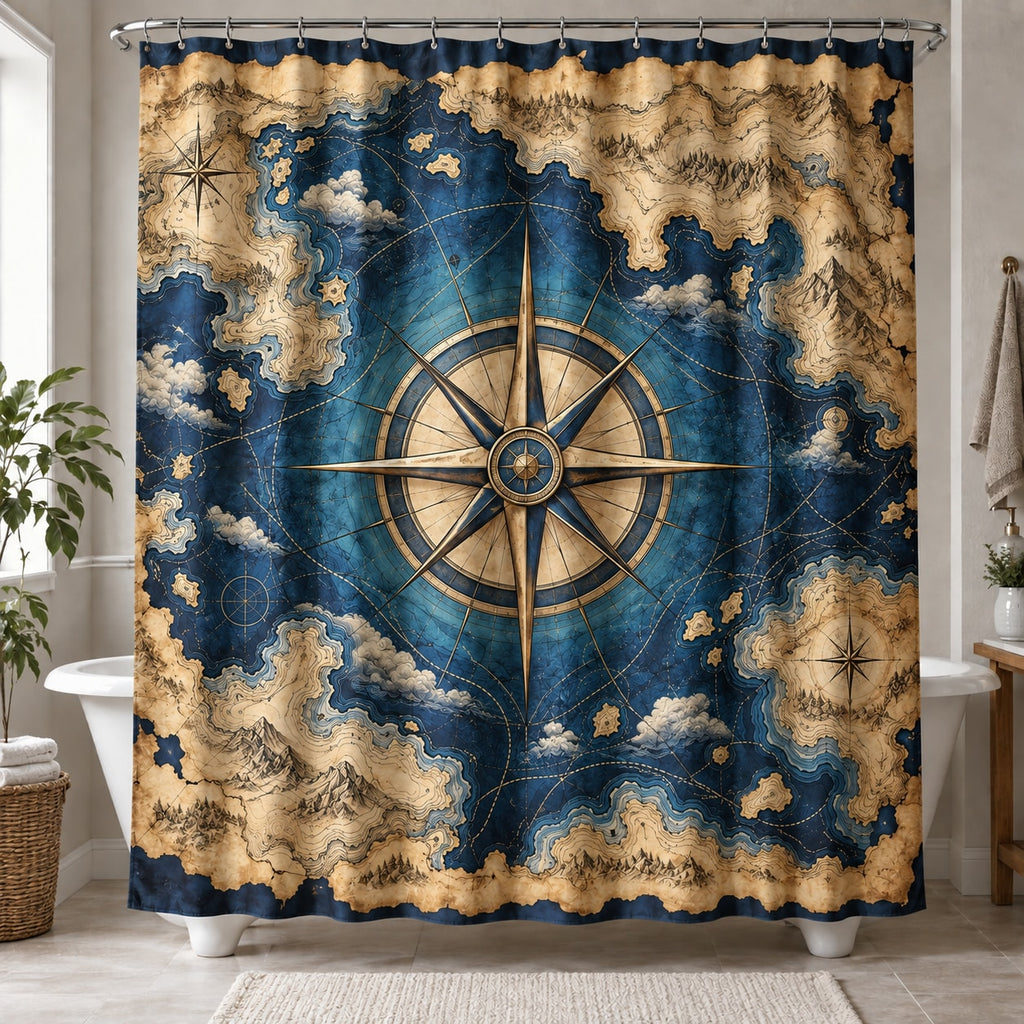 Fantasy Compass Atlas Shower Curtain with dimensional printed themed artwork; representative AI-generated mockup.