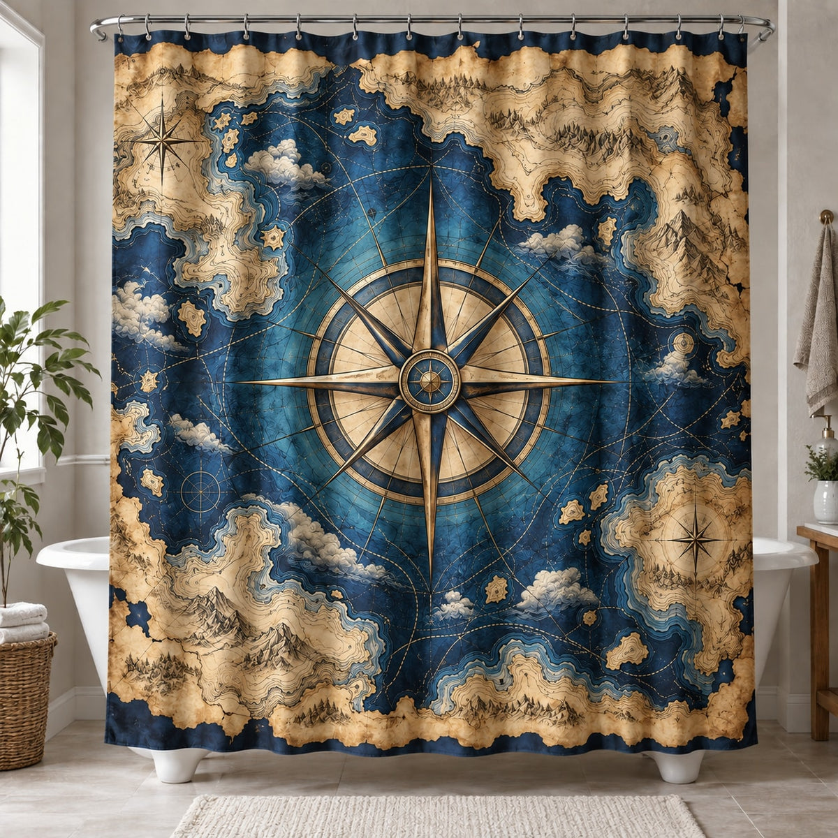 Fantasy Compass Atlas Shower Curtain with dimensional printed themed artwork; representative AI-generated mockup.