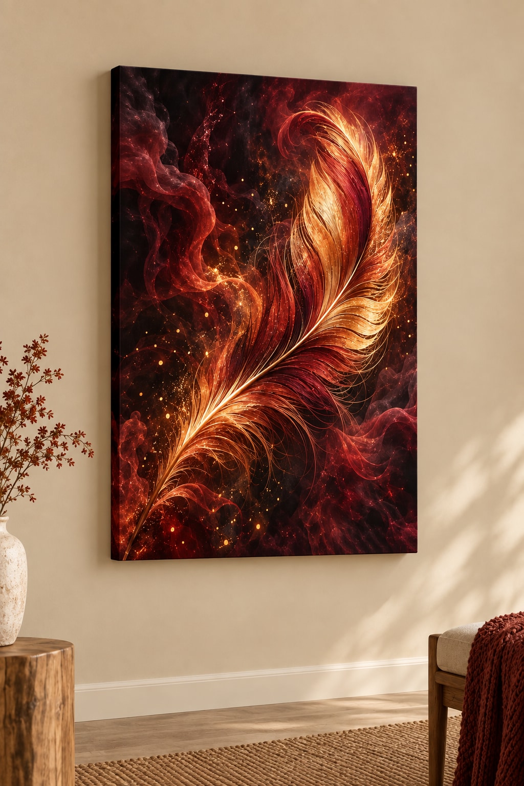 Phoenix Feather Ember Stretched Canvas Wall Art with dimensional printed themed artwork; representative AI-generated mockup.