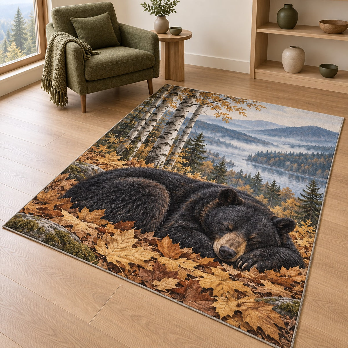 Sleeping Bear Leaves Area Rug with dimensional printed themed artwork; representative AI-generated mockup.
