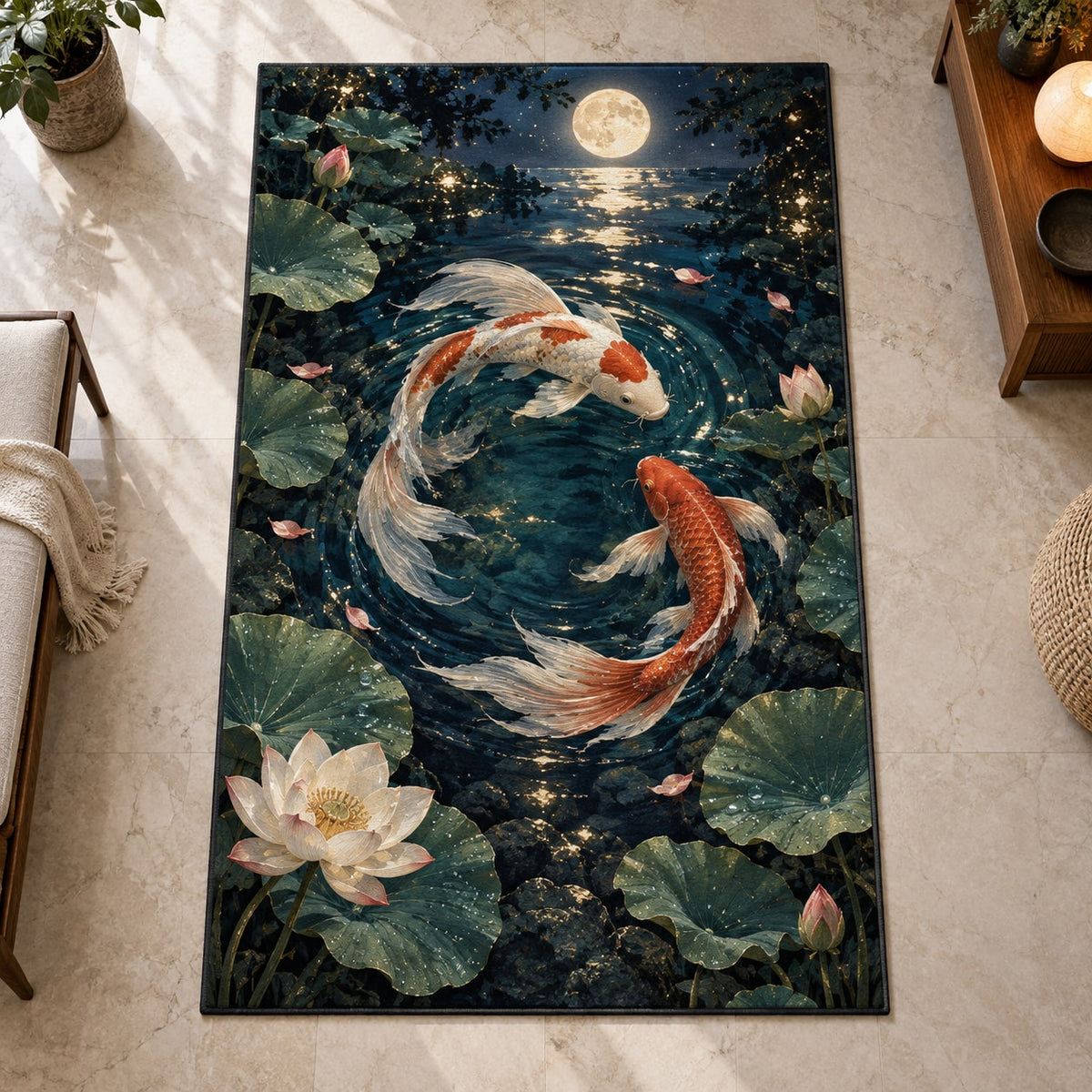 Celestial Koi Area Rug with dimensional printed themed artwork; representative AI-generated mockup.