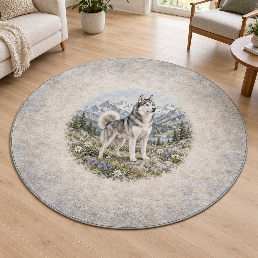 Husky Area Rug with dimensional printed themed artwork; representative AI-generated mockup.