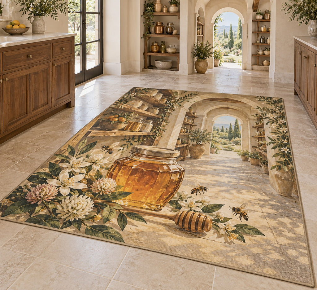 Honey Harvest Pantry Area Rug with dimensional printed themed artwork; representative AI-generated mockup.