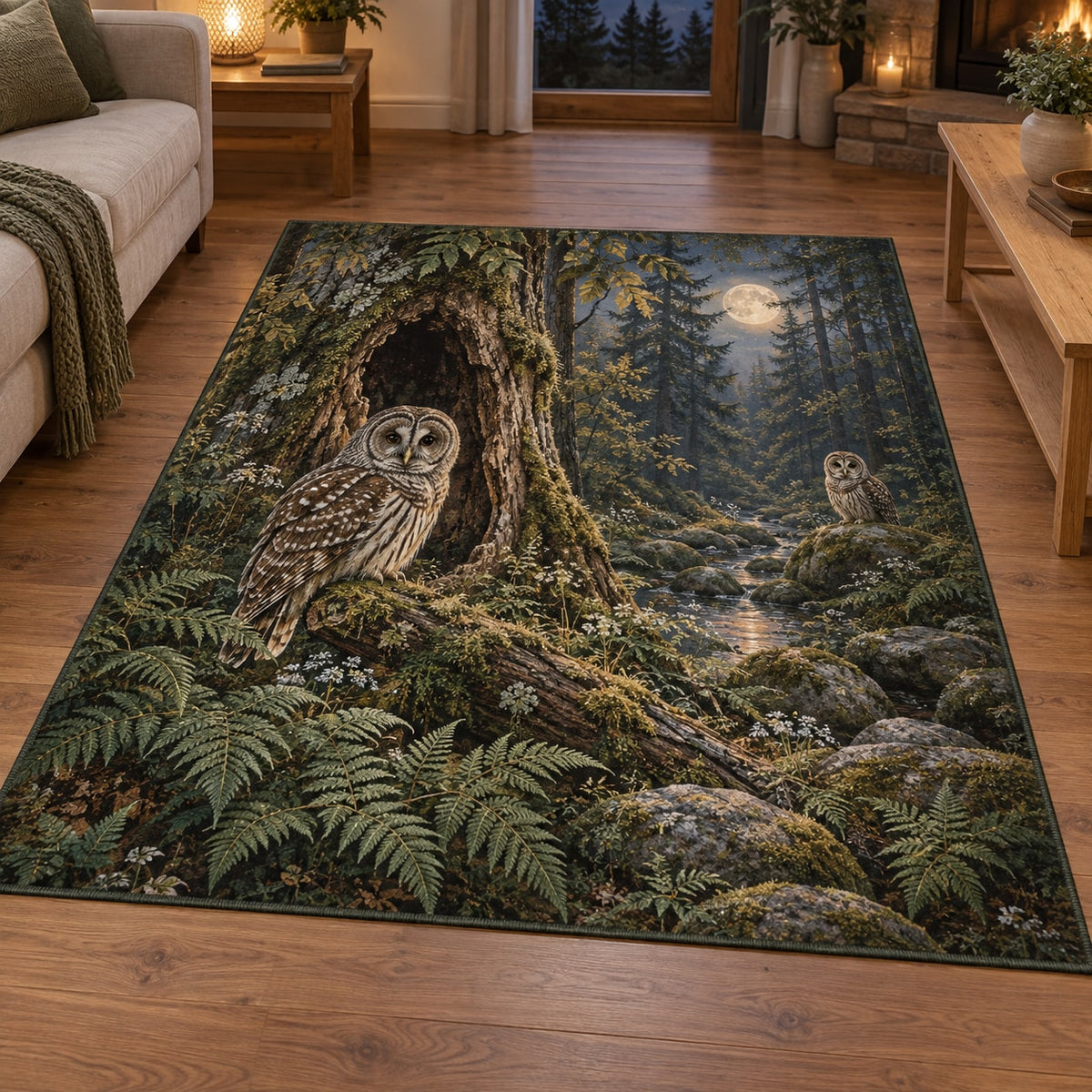 Owl Hollow Area Rug with dimensional printed themed artwork; representative AI-generated mockup.