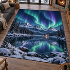 Northern Lights Area Rug with dimensional printed themed artwork; representative AI-generated mockup.