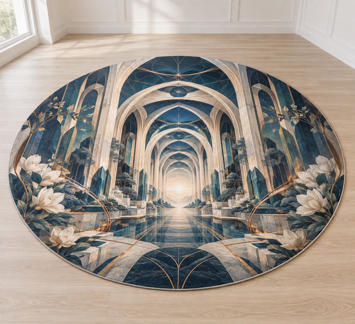 Structural Horizon Atrium Area Rug with dimensional printed themed artwork; representative AI-generated mockup.