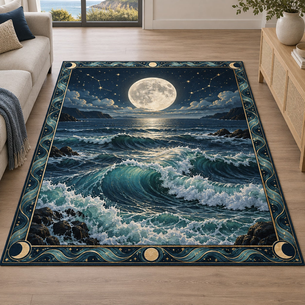 Celestial Ocean Tide Area Rug with dimensional printed themed artwork; representative AI-generated mockup.