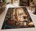 Coffee Brewing Tools Area Rug with dimensional printed themed artwork; representative AI-generated mockup.