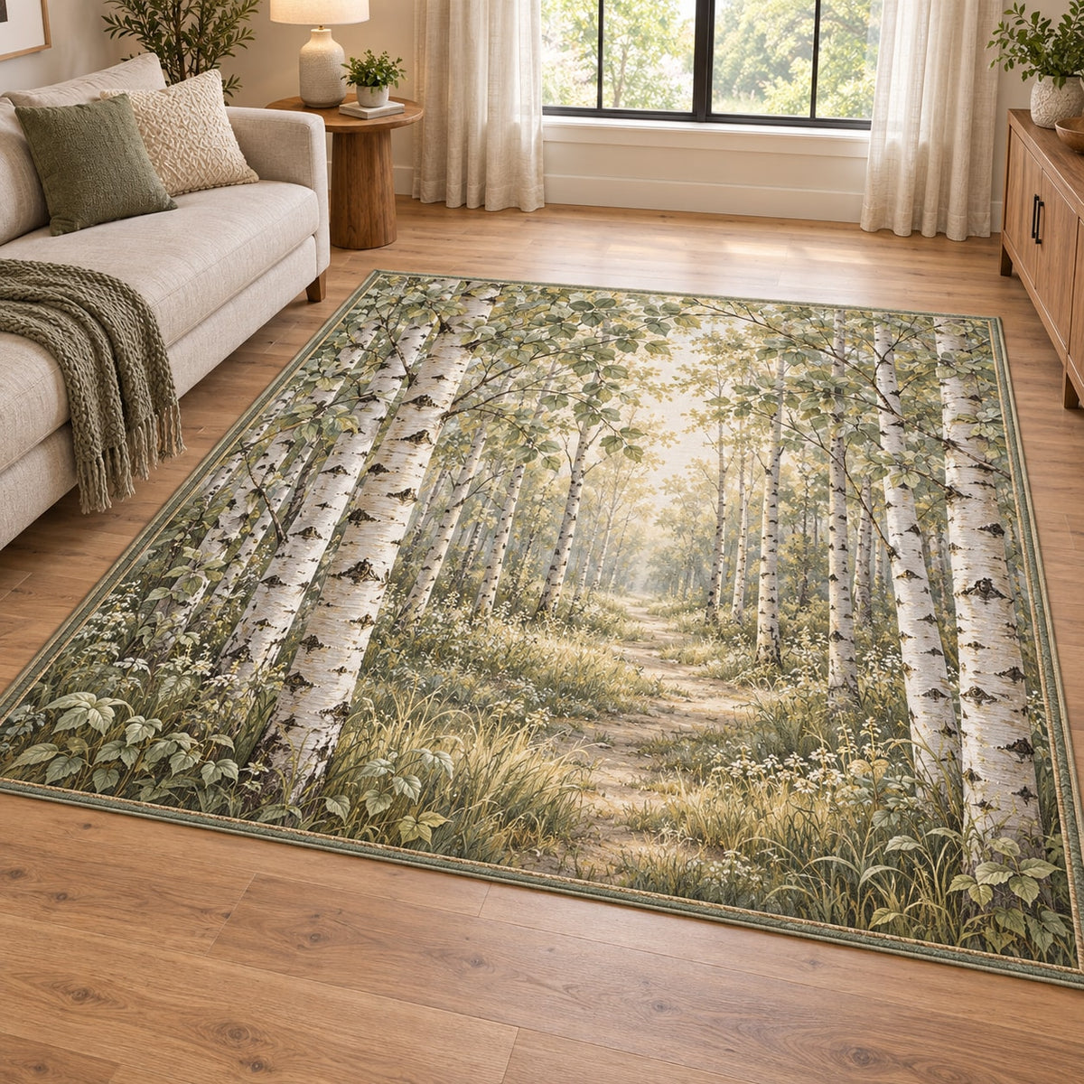 Birch Grove Area Rug with dimensional printed themed artwork; representative AI-generated mockup.