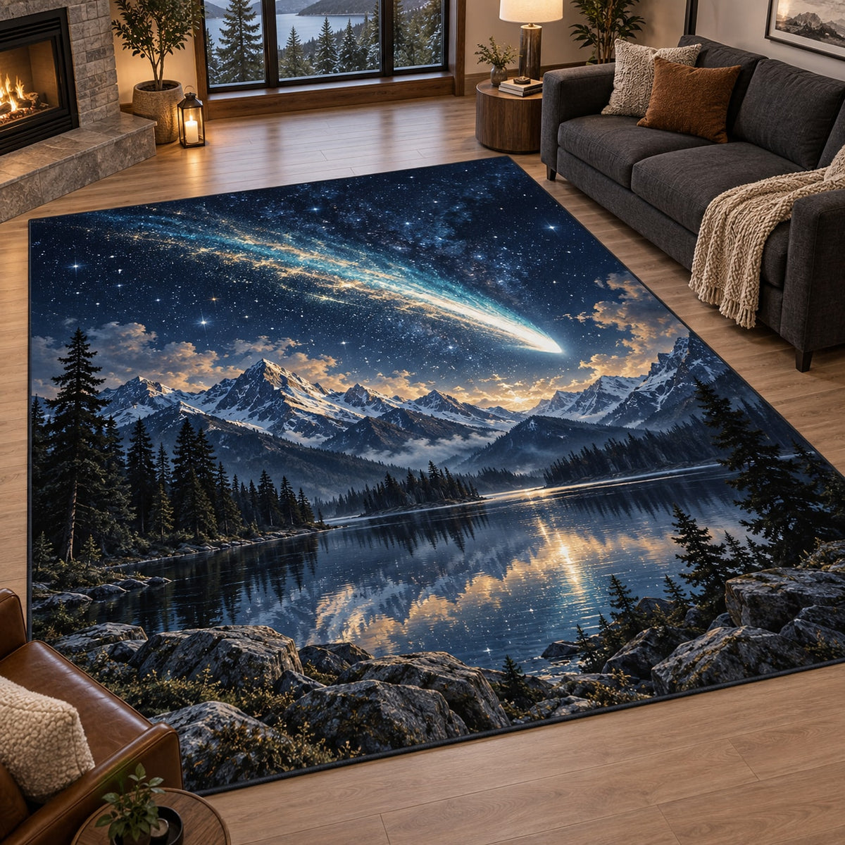 Comet Trail Area Rug with dimensional printed themed artwork; representative AI-generated mockup.