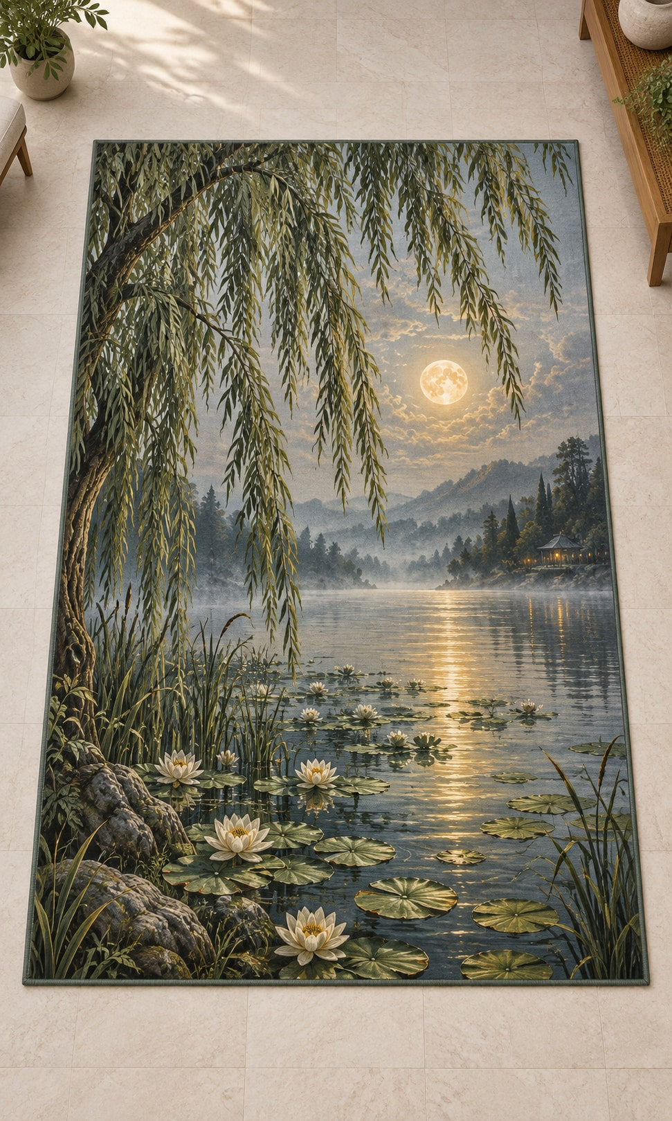 Moonlit Willow Pond Area Rug with dimensional printed themed artwork; representative AI-generated mockup.