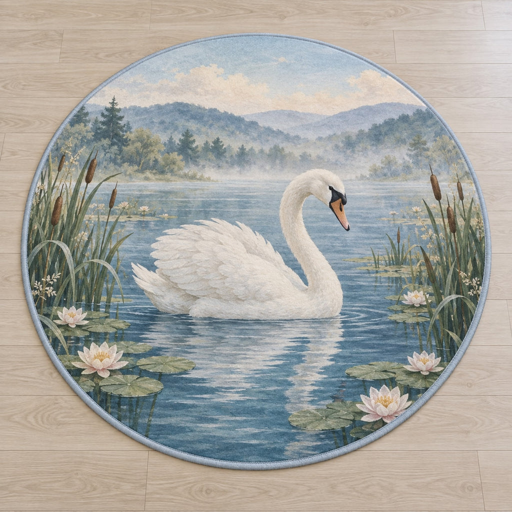Swan and Reeds Area Rug with dimensional printed themed artwork; representative AI-generated mockup.