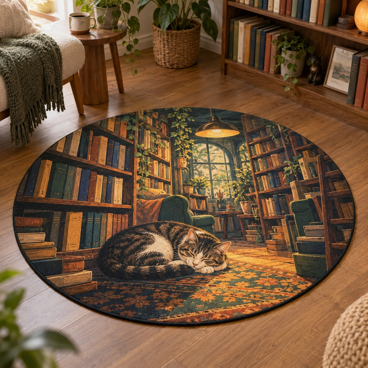 Cat in a Bookshop Area Rug with dimensional printed themed artwork; representative AI-generated mockup.