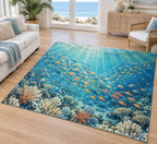 Reef Fish School Area Rug with dimensional printed themed artwork; representative AI-generated mockup.