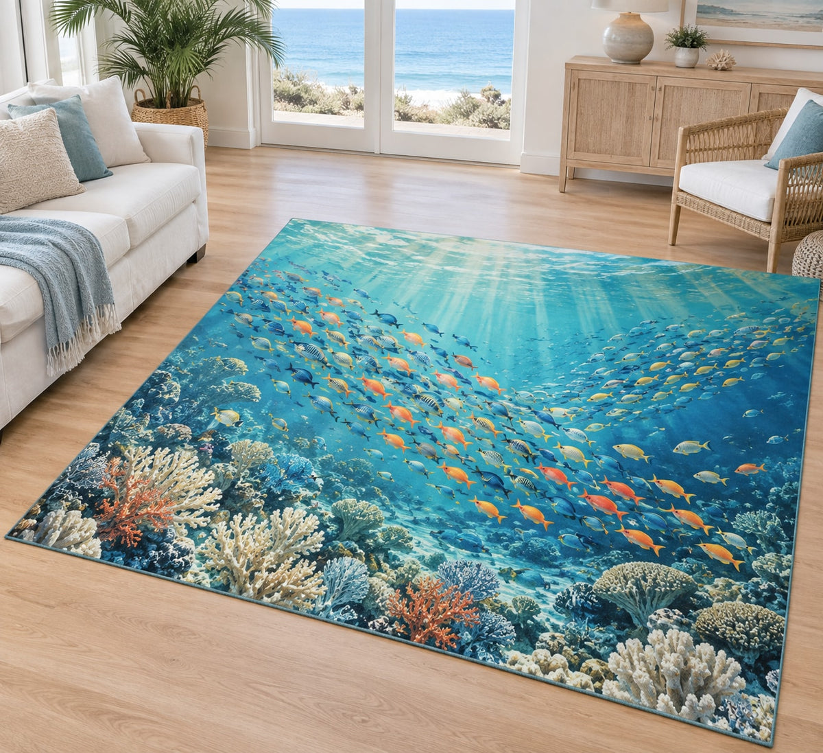Reef Fish School Area Rug with dimensional printed themed artwork; representative AI-generated mockup.