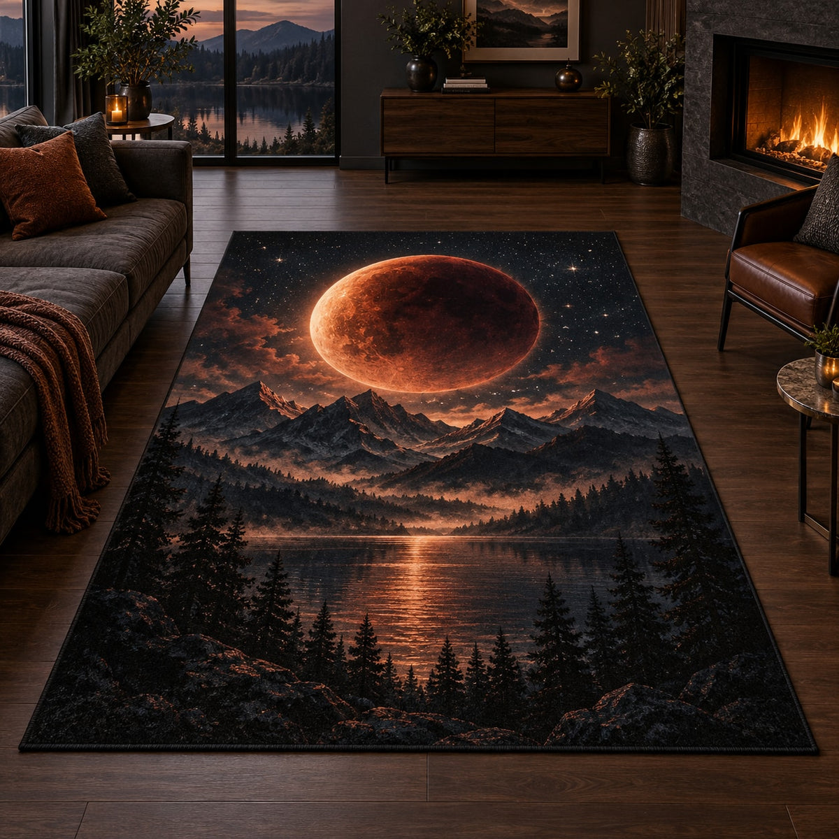 Lunar Eclipse Area Rug with dimensional printed themed artwork; representative AI-generated mockup.