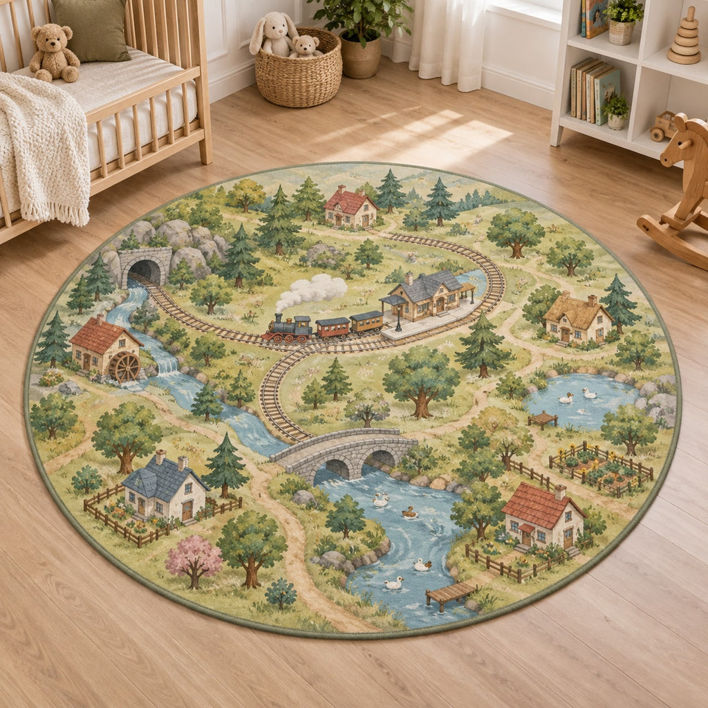 Storybook Train Village Map Area Rug with dimensional printed themed artwork; representative AI-generated mockup.