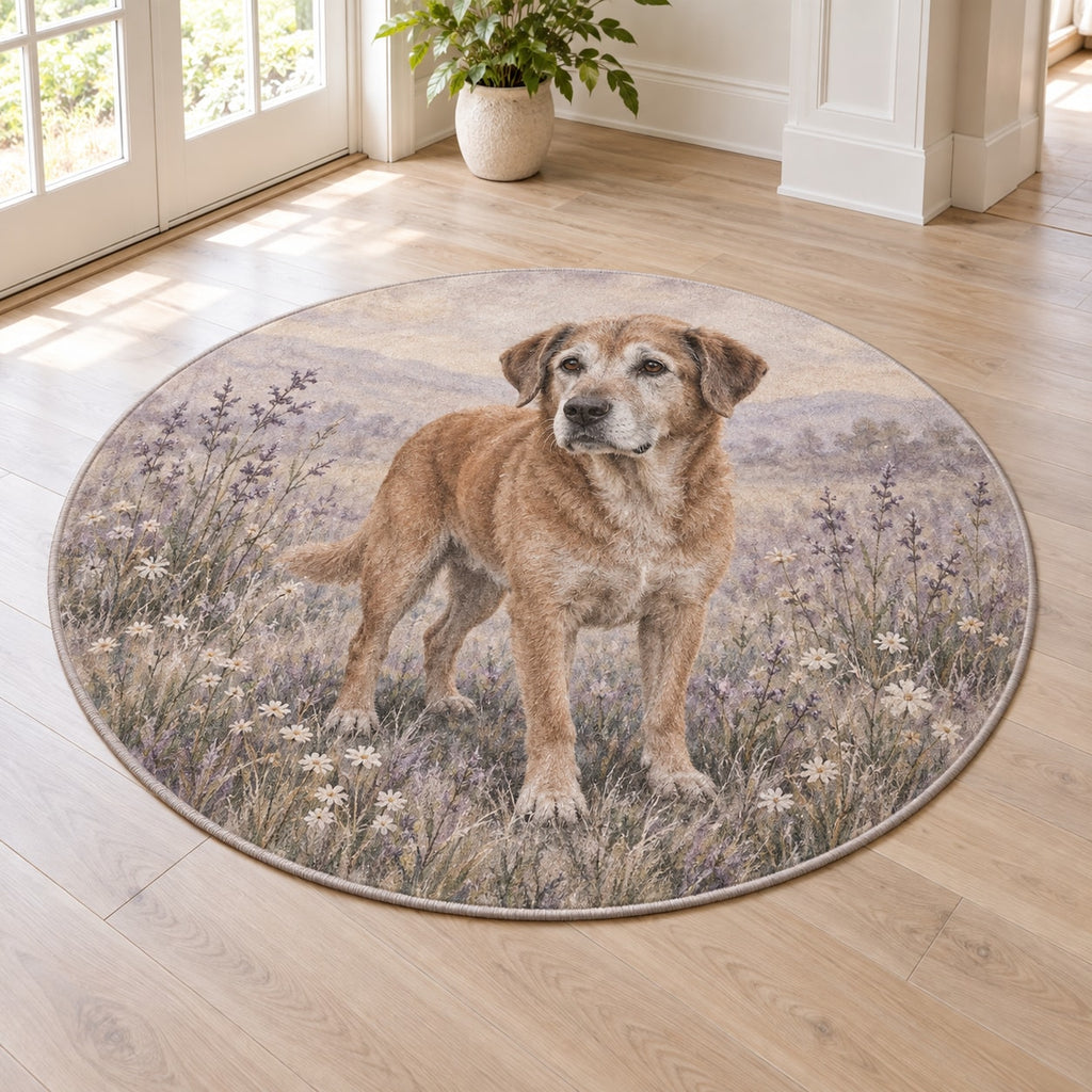 Senior Dog Companion Area Rug with dimensional printed themed artwork; representative AI-generated mockup.