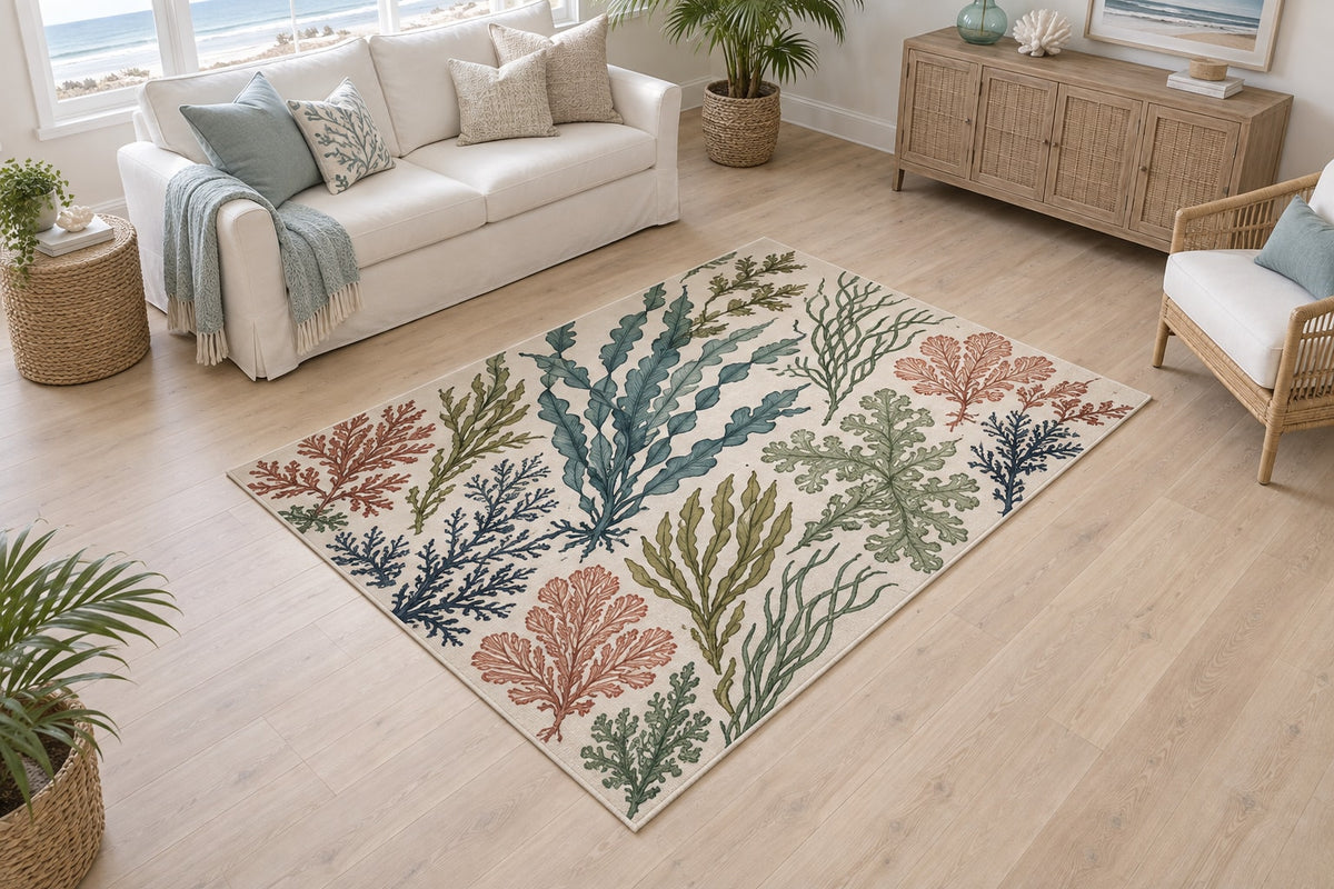 Seaweed Herbarium Area Rug with dimensional printed themed artwork; representative AI-generated mockup.