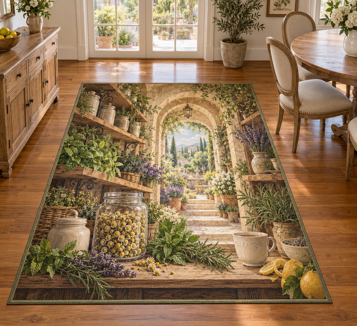 Herbal Tea Shelf Area Rug with dimensional printed themed artwork; representative AI-generated mockup.