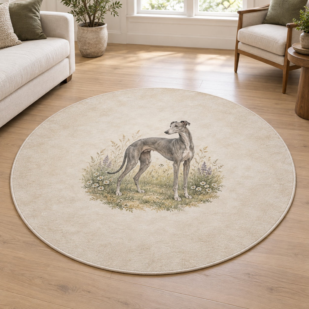 Greyhound Area Rug with dimensional printed themed artwork; representative AI-generated mockup.