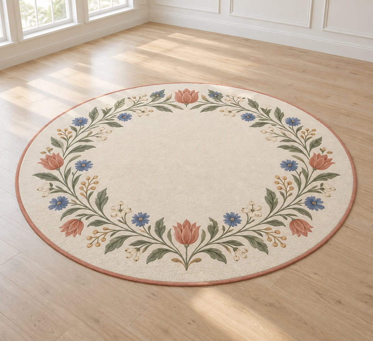 Folk Floral Wedding Wreath Area Rug with dimensional printed themed artwork; representative AI-generated mockup.