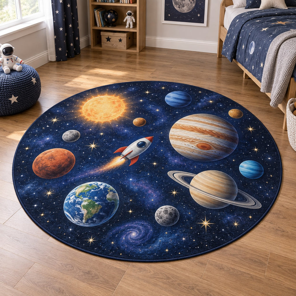 Space Explorer Planets Area Rug with dimensional printed themed artwork; representative AI-generated mockup.