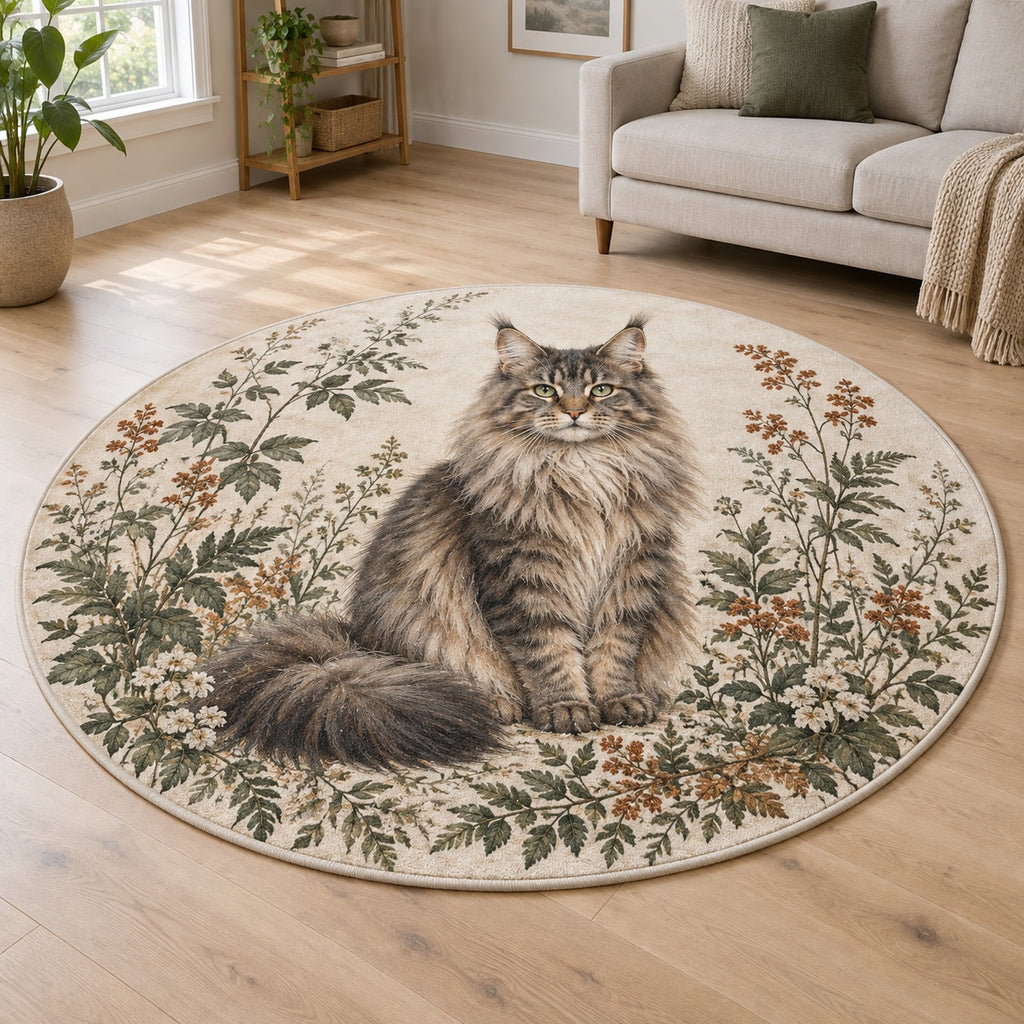 Maine Coon Cat Companion Area Rug with dimensional printed themed artwork; representative AI-generated mockup.