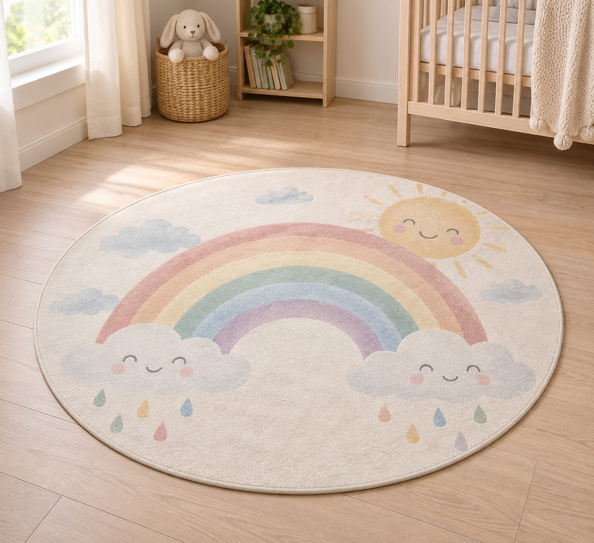 Rainbow Weather Area Rug with dimensional printed themed artwork; representative AI-generated mockup.