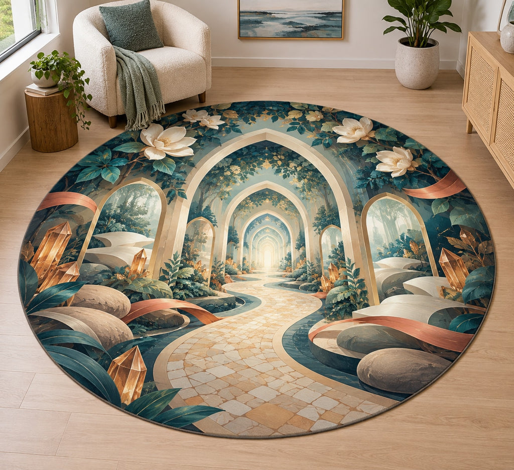 Empathy Pathway Sanctuary Area Rug with dimensional printed themed artwork; representative AI-generated mockup.