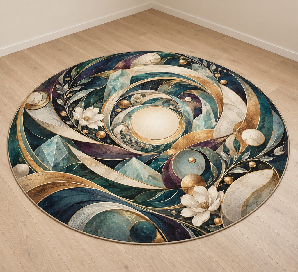 Equilibrium Ledger Atrium Area Rug with dimensional printed themed artwork; representative AI-generated mockup.