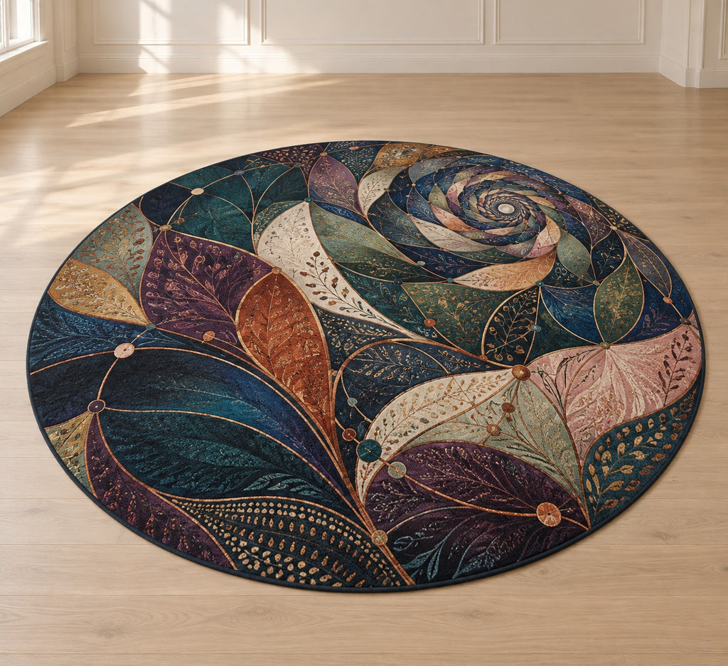 Threadlight Bloomrift Area Rug with dimensional printed themed artwork; representative AI-generated mockup.