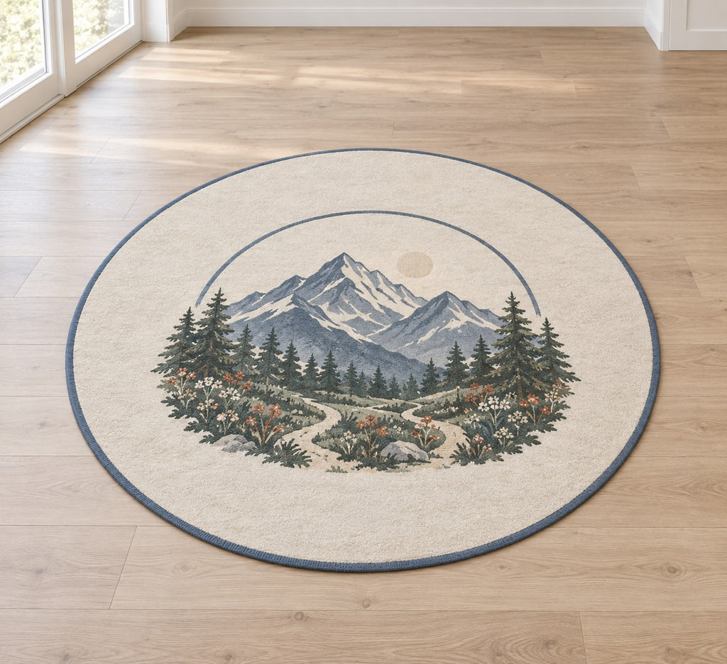 Mountain Elopement Ridge Area Rug with dimensional printed themed artwork; representative AI-generated mockup.