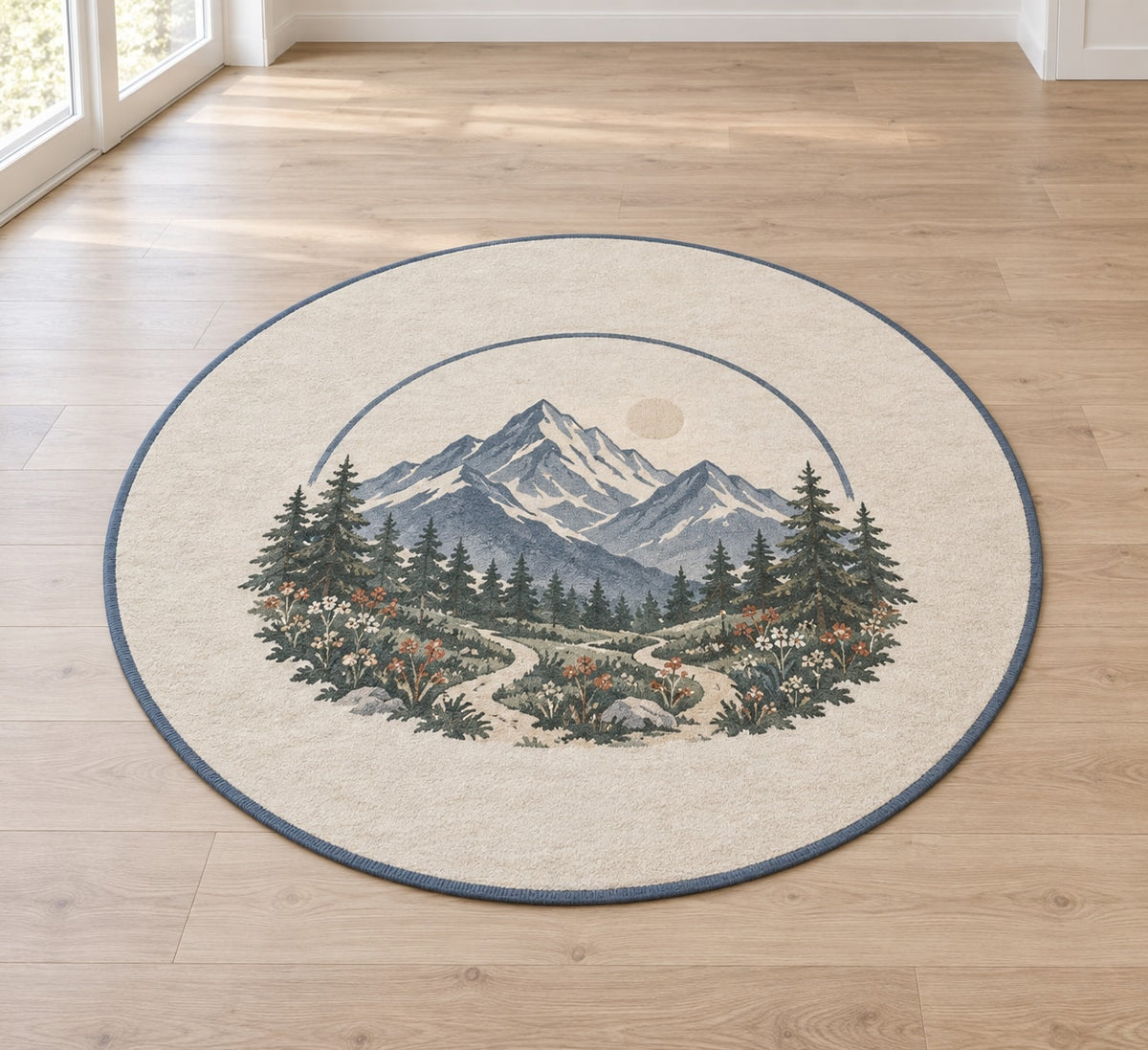 Mountain Elopement Ridge Area Rug with dimensional printed themed artwork; representative AI-generated mockup.