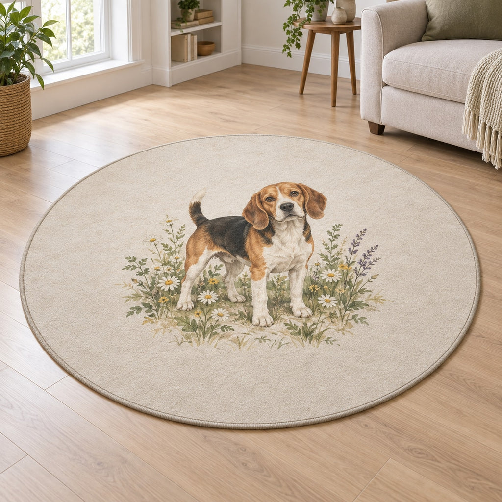 Beagle Area Rug with dimensional printed themed artwork; representative AI-generated mockup.