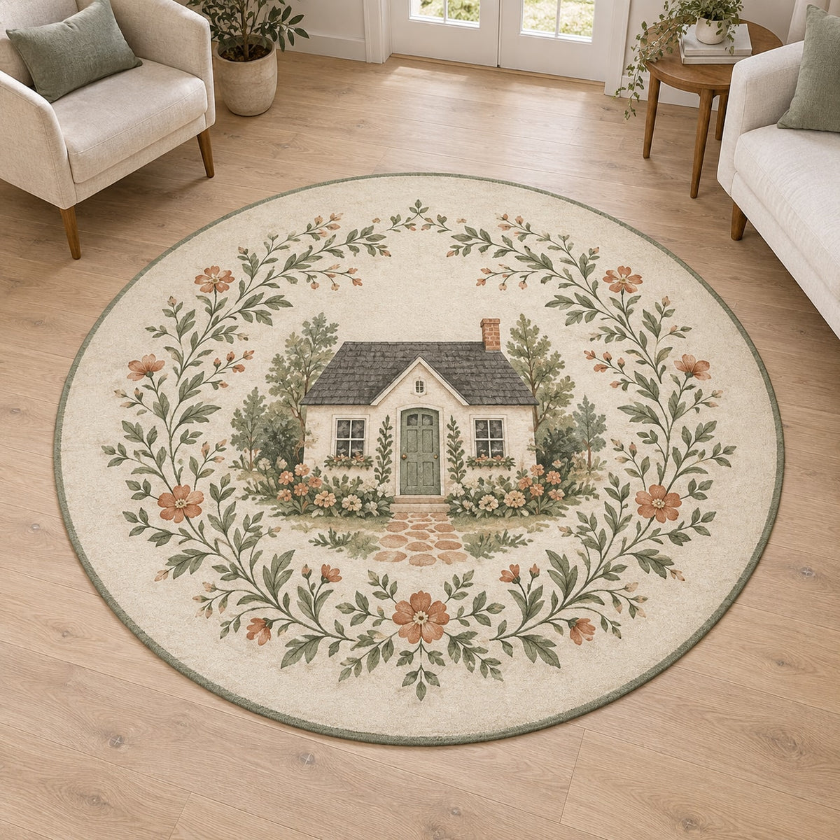 Cottage Garden House Portrait Area Rug with dimensional printed themed artwork; representative AI-generated mockup.