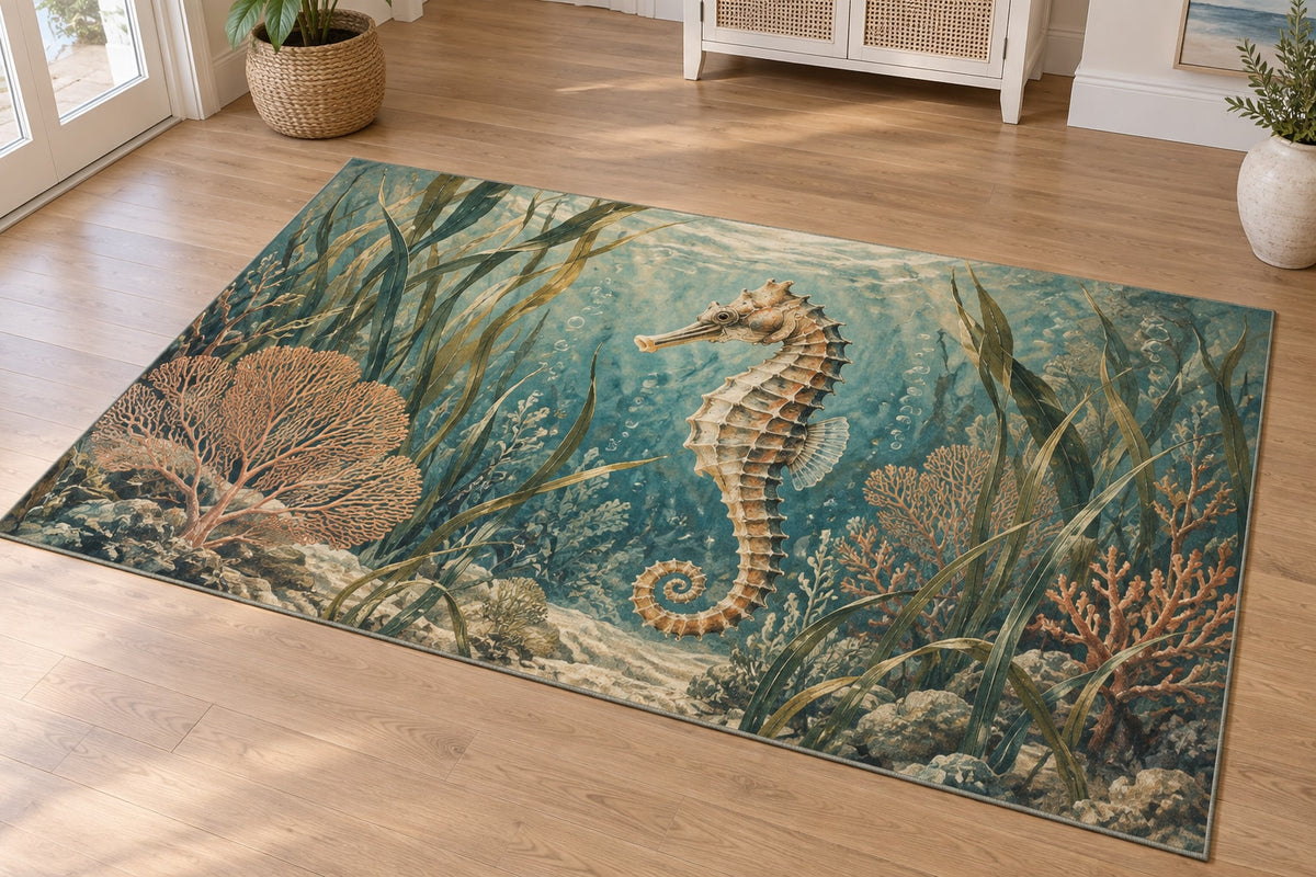 Seahorse Sea Grass Area Rug with dimensional printed themed artwork; representative AI-generated mockup.
