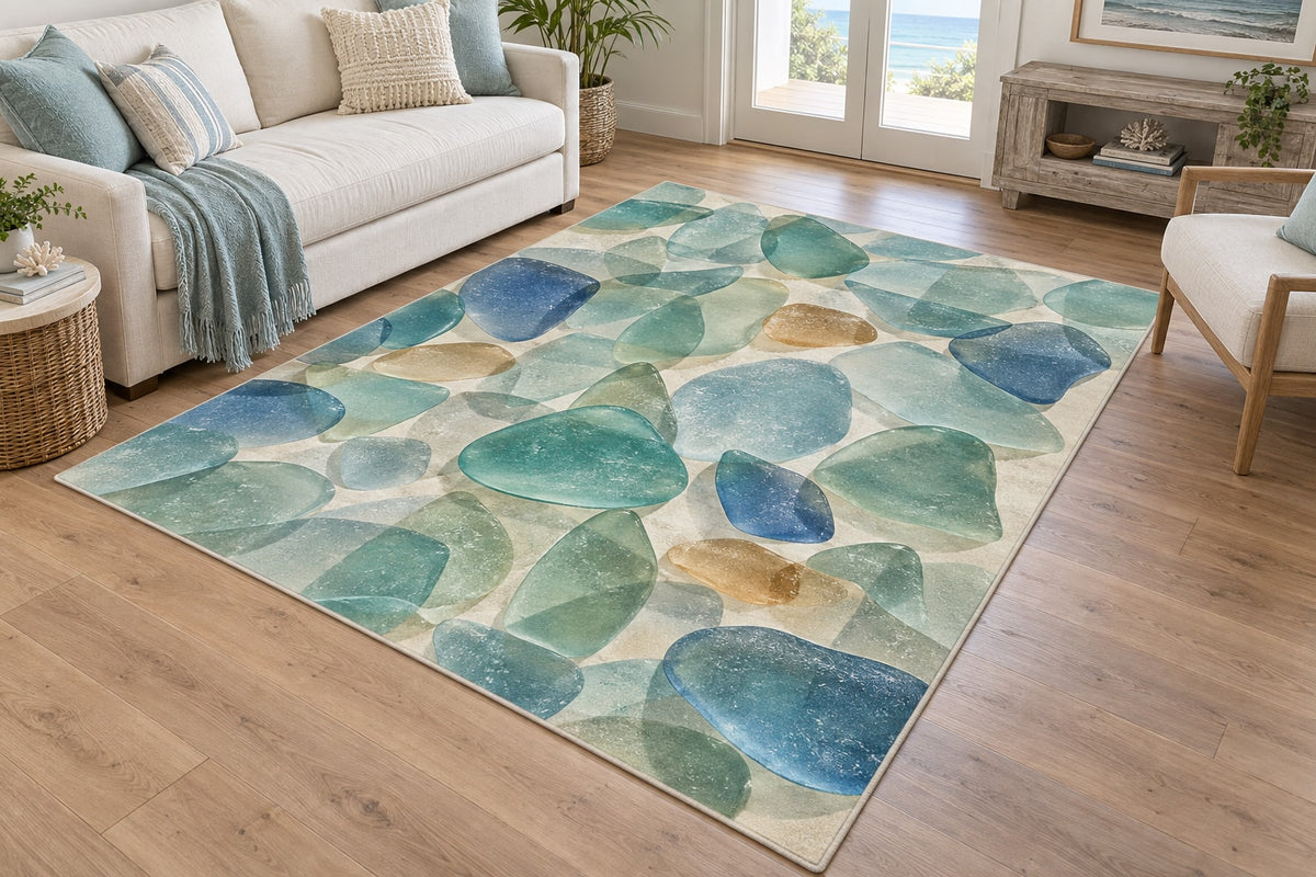 Sea Glass Shapes Area Rug with dimensional printed themed artwork; representative AI-generated mockup.