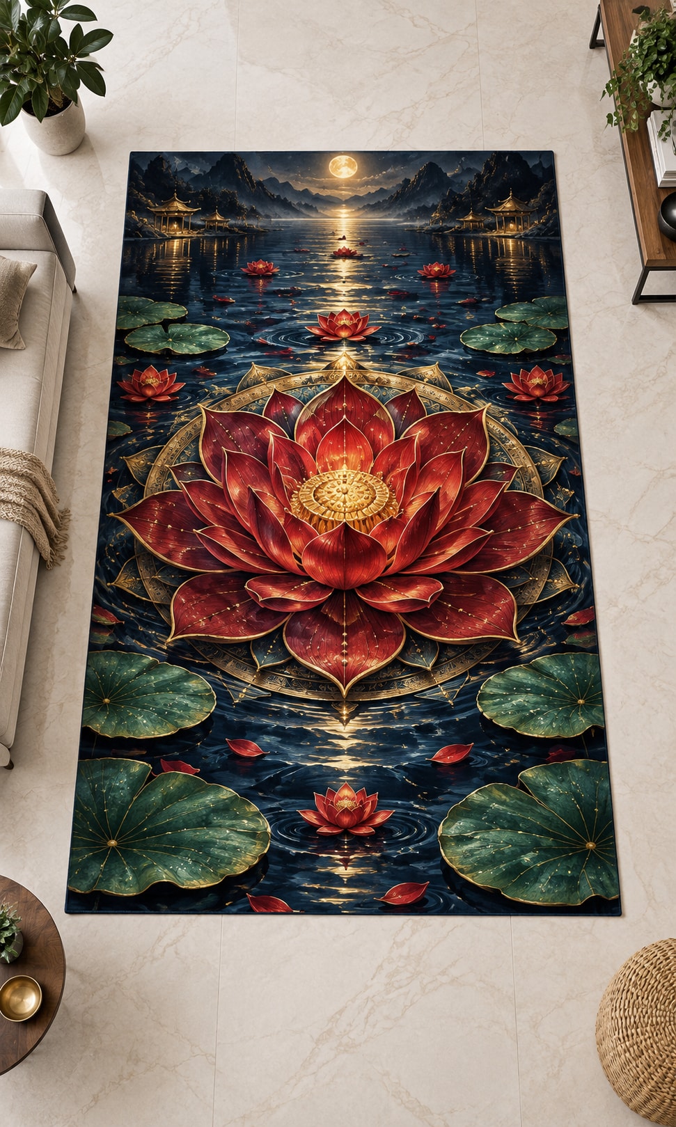 Red Lotus Mandala Area Rug with dimensional printed themed artwork; representative AI-generated mockup.
