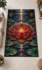 Red Lotus Mandala Area Rug with dimensional printed themed artwork; representative AI-generated mockup.
