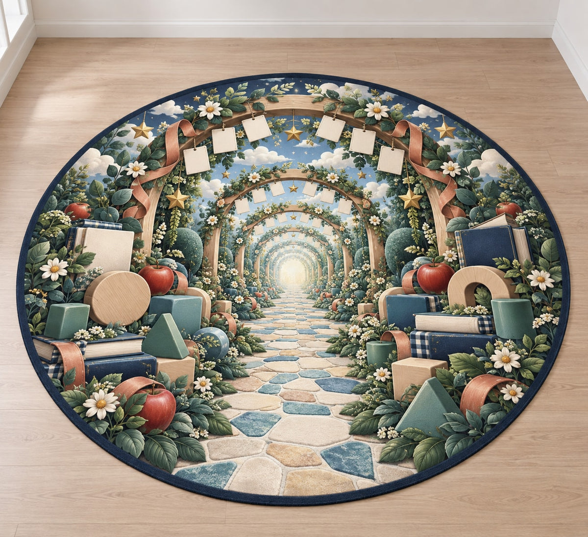 Inclusive Learning Sanctuary Area Rug with dimensional printed themed artwork; representative AI-generated mockup.