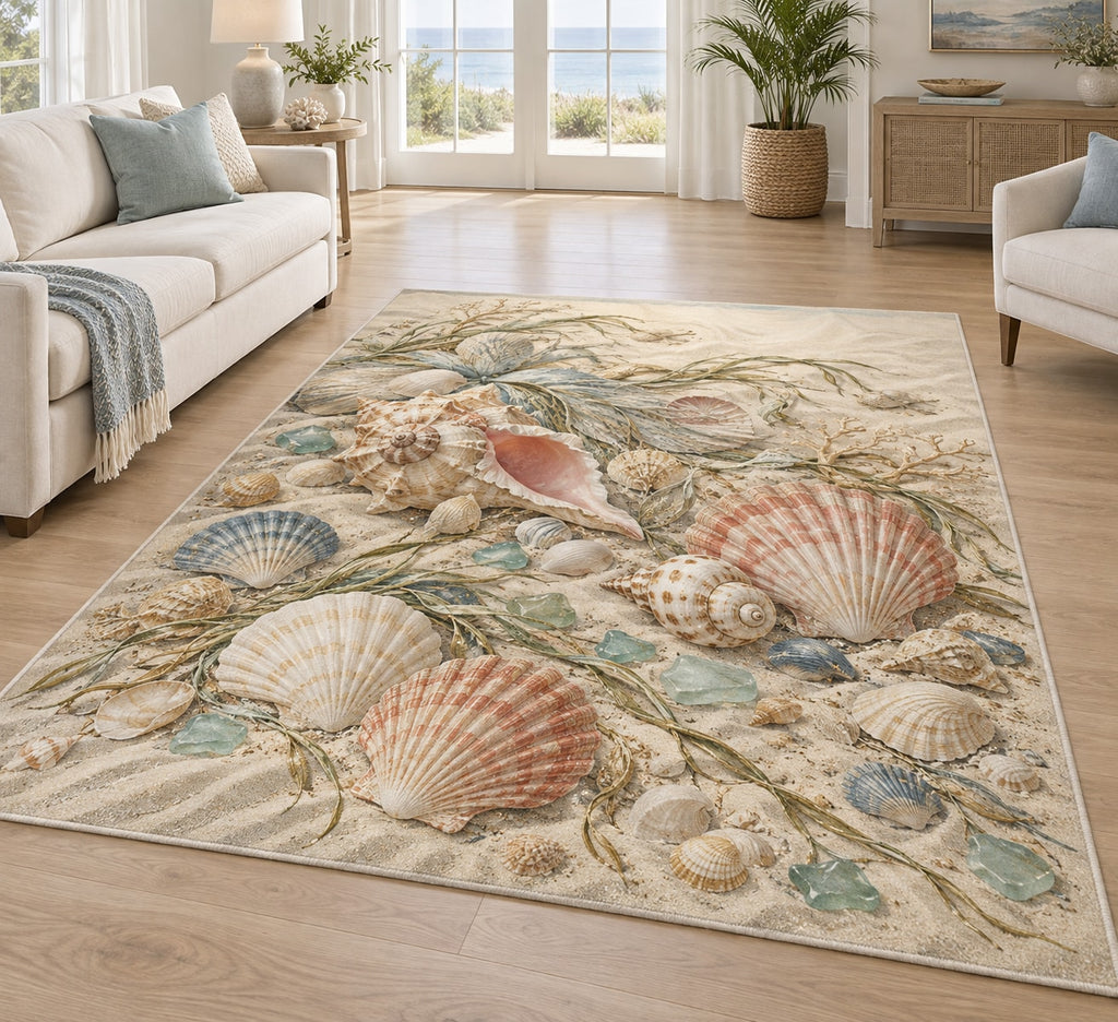 Seashell Study Area Rug with dimensional printed themed artwork; representative AI-generated mockup.