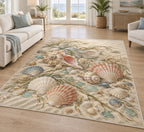 Seashell Study Area Rug with dimensional printed themed artwork; representative AI-generated mockup.