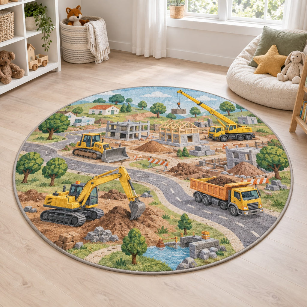 Construction Vehicle Town Area Rug with dimensional printed themed artwork; representative AI-generated mockup.