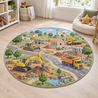 Construction Vehicle Town Area Rug with dimensional printed themed artwork; representative AI-generated mockup.