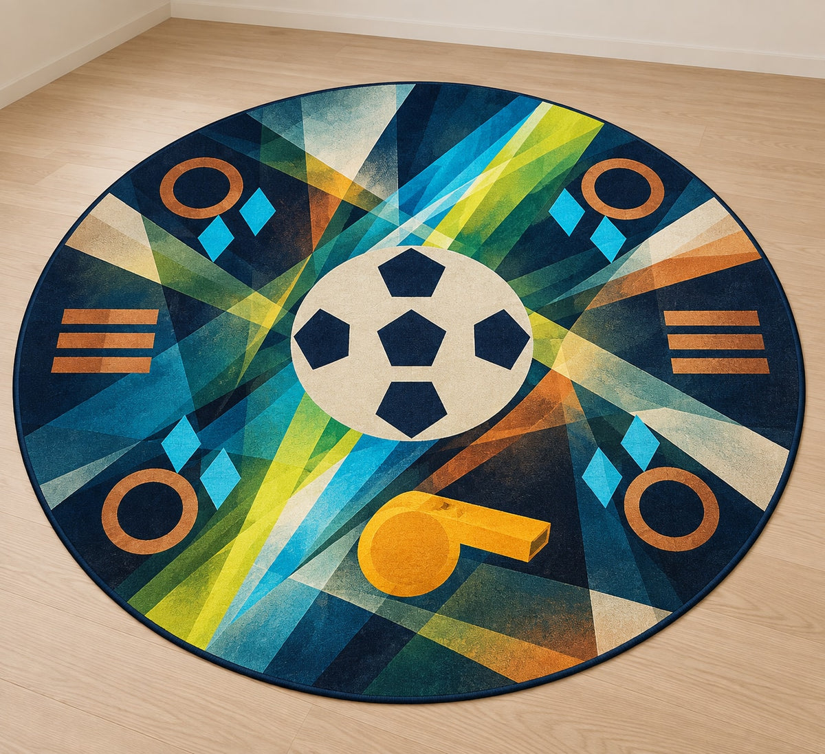 Touchline Signal Prism Area Rug with dimensional printed themed artwork; representative AI-generated mockup.