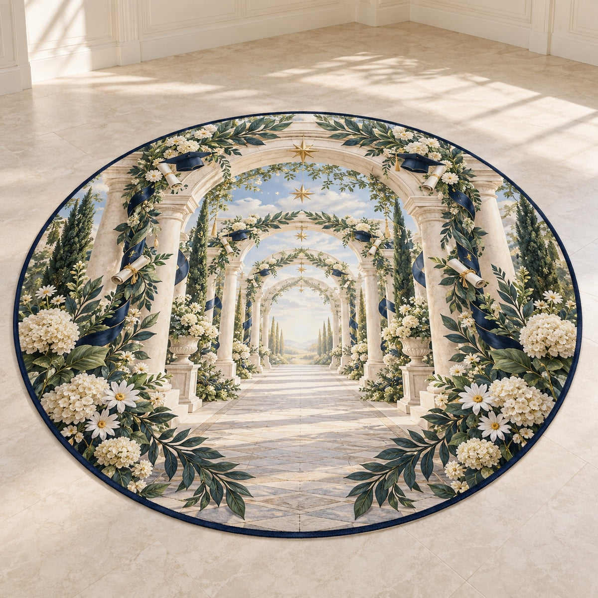 Graduation Laurel Colonnade Area Rug with dimensional printed themed artwork; representative AI-generated mockup.