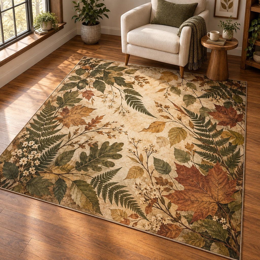 Pressed Woodland Leaves Area Rug with dimensional printed themed artwork; representative AI-generated mockup.